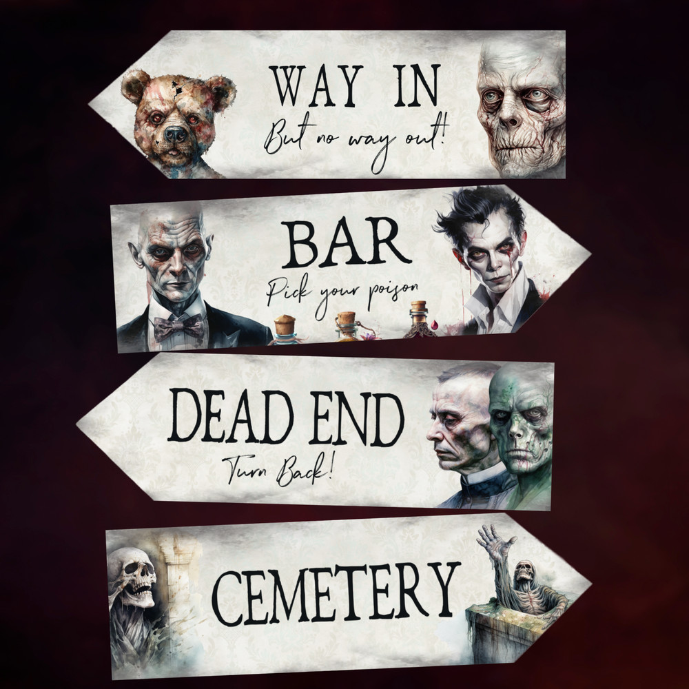 4 Halloween Scary Fantasy Art Watercolour Horror Party Decoration Arrow Signs