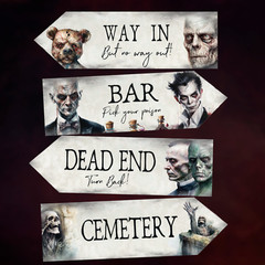 6 Halloween Scary Fantasy Art Watercolour Horror Party Decoration Arrow Signs