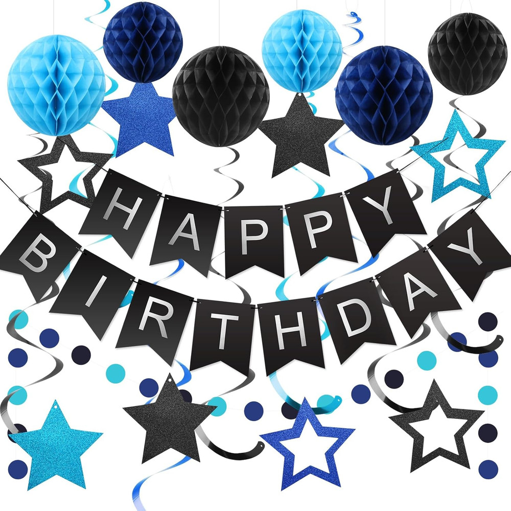 Birthday Decorations, Happy Birthday Banner with Honeycomb Balls, Stars Hanging