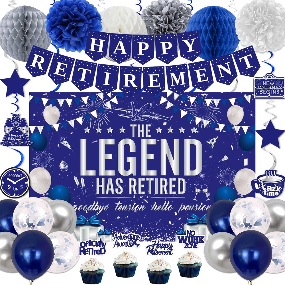 Retirement Party Decorations Blue Silver Happy Retirement Decorations for Men…