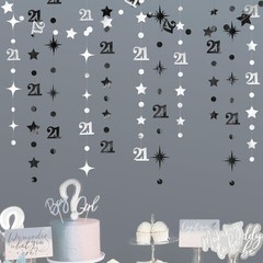 Silver Black 21st Decorations Number 21 Circle Dot Twinkle Star Garland Metal…