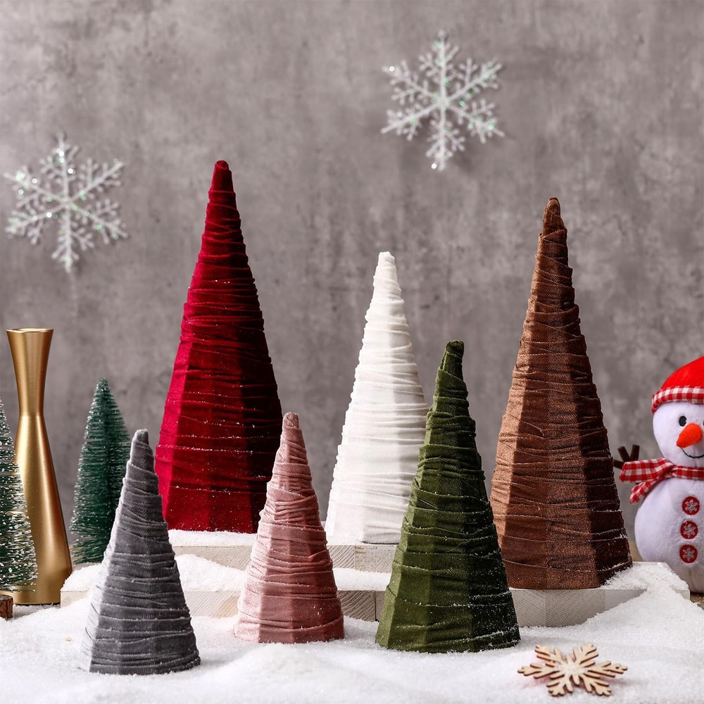6 Pcs Neutral Velvet Christmas Cone Tree 6″ 8″ 10.5″ Velvet Cone Pedestal Chr…