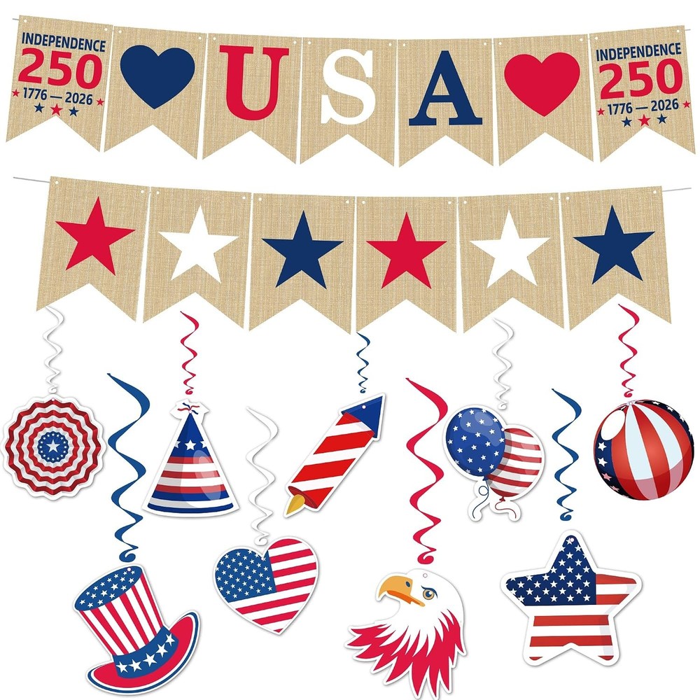 250th Anniversary USA Red Blue White Hanging Swirls Party Decorations Banner
