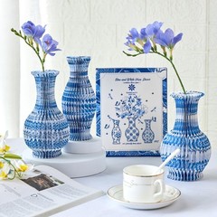 3 Pcs Blue and White Paper Honeycomb Vases, Mini Chinoiserie Vintage Paper Va…