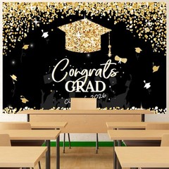 2026 Graduation Decorations Black and Gold Backdrop 71×43 inch for Grad Party
