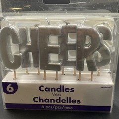 “CHEERS” Candle Set Of 6 Silver Letter Candles Great For Celebrating