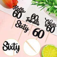 60th Birthday Cupcake Toppers Black Glitter Style 60 Party Decorations
