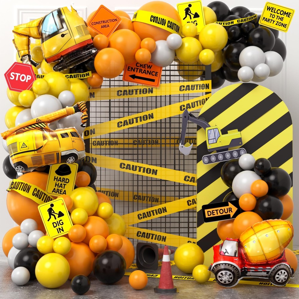 151Pcs Construction Party Supplies – Birthday Decorations, Balloon Arch, Caution