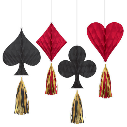 CASINO NIGHT HONEYCOMB DECORATIONS w/ TASSELS (4) ~ Birthday Party Supplies Red