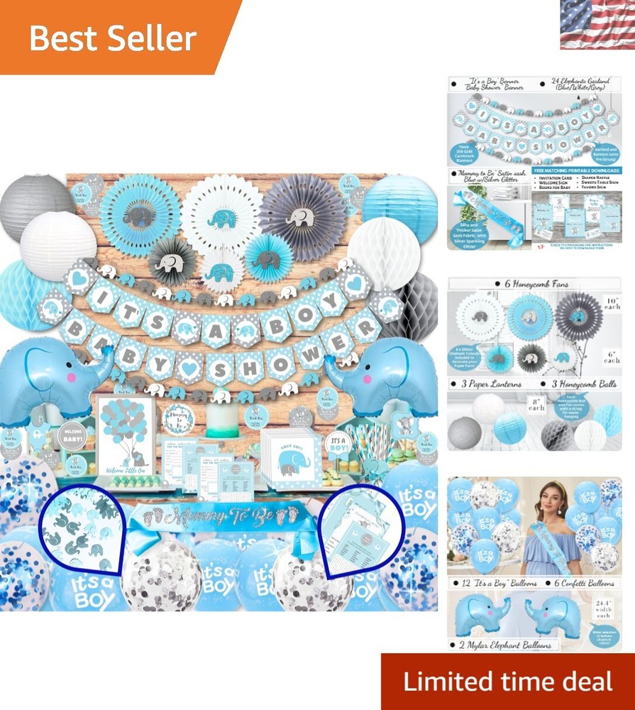 697 Pcs Elephant Baby Shower Decorations – It’s A BOY Celebration Set