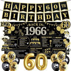 60Th Birthday Decorations for Men Women Black Gold, 37PCS Pre-Strung Happy Birth