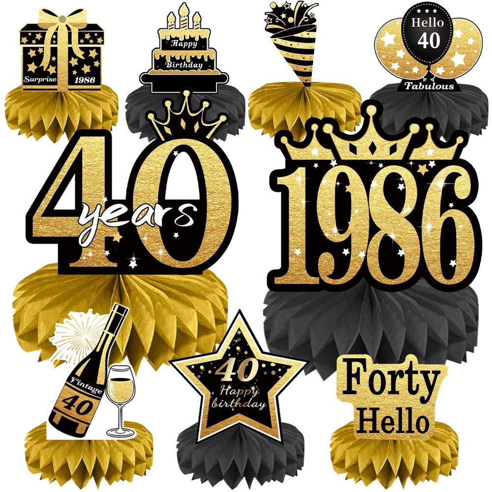9 PCS 40th Birthday Decorations 1986 Table Toppers Black & Gold Centerpieces
