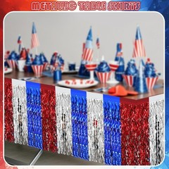 2 Pack 4th of July Table Skirts Decoration Red White Blue Patriotic Wavy Meta…