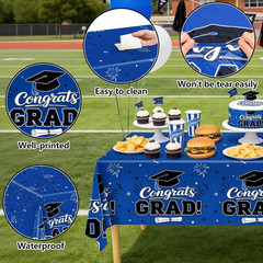 3Pcs Graduation Tablecloth, Blue Graduation Decorations 2026 Gongrats Grad Table