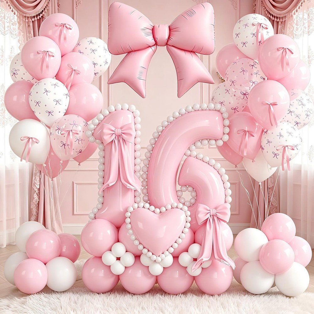 Pink Bow 16th Decorations Girls, Pink and White Balloons with Bow Heart Numbe…