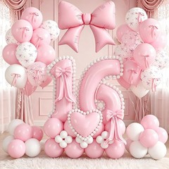 Pink Bow 16th Decorations Girls, Pink and White Balloons with Bow Heart Numbe…