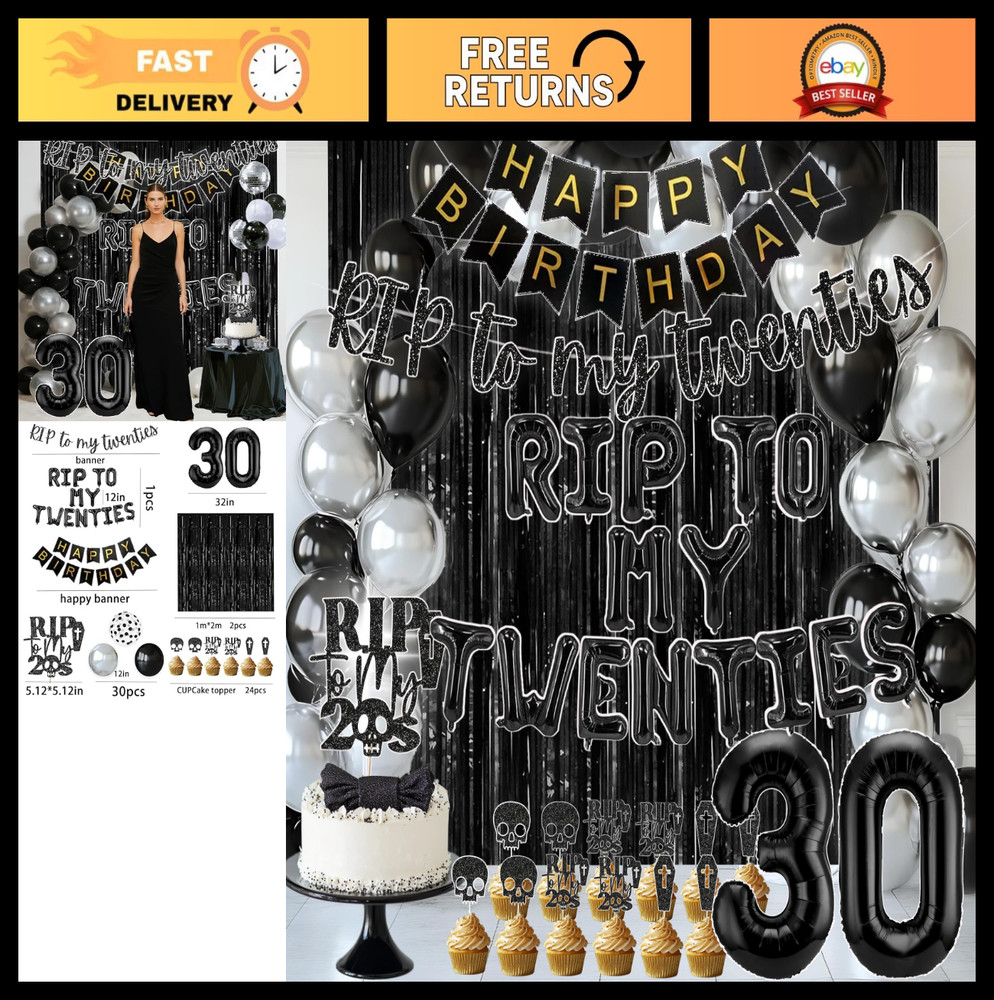 30th Birthday Decorations – RIP 20s Balloons, Party Supplies for Him/Her, Black