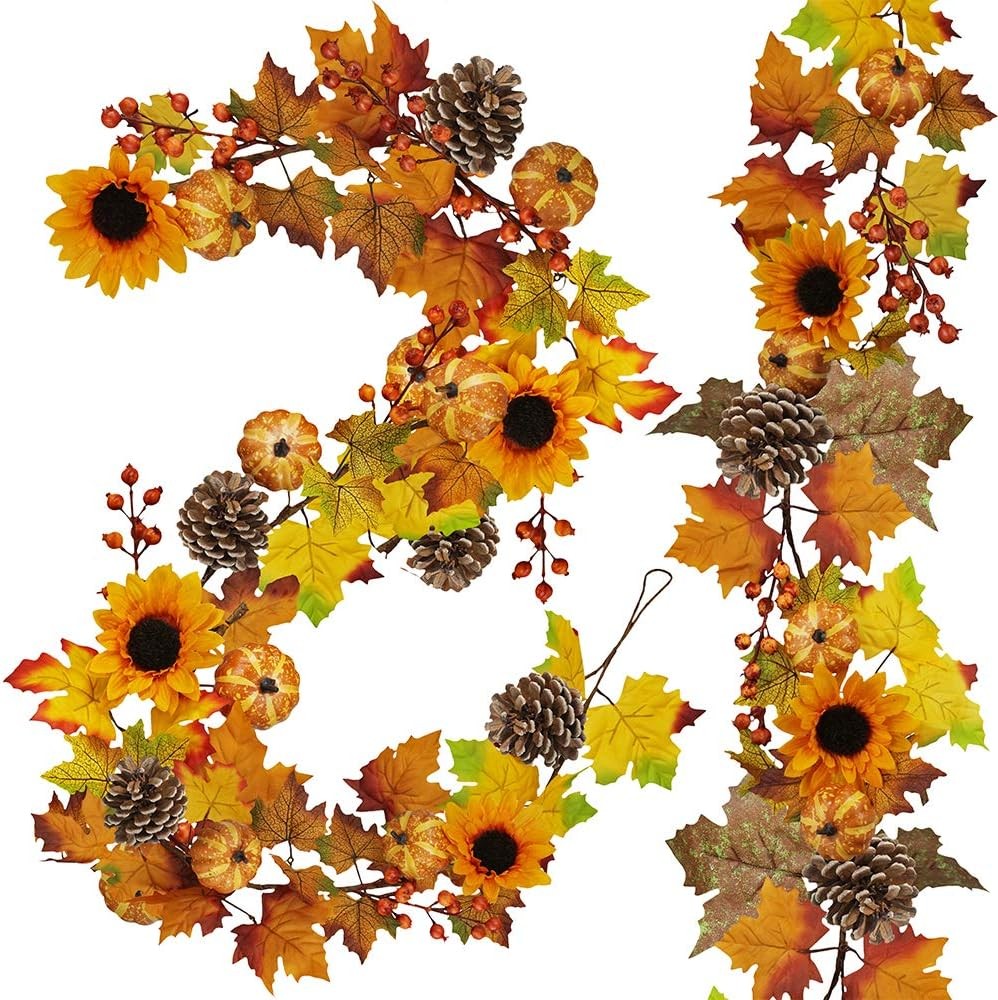 2 Pack Fall Maple Leaf Garland – 6ft/Piece Artificial Berries Sunflower Pumpkin