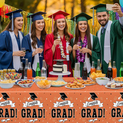 2Pcs 2026 Graduation Table cloths, 108″ X 54″ Orange Grad Party Decorations, Dis