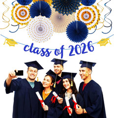Navy-Blue Gold Party-Decorations Graduation Banner-Streamers – 18Pcs Kits Class