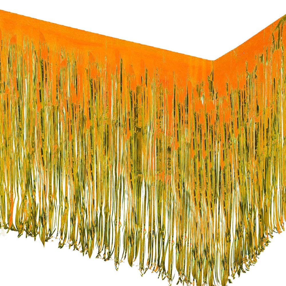 Orange Tinsel Table Skirt 2-Pack 29×108 Inch Metallic Foil Fringe Table Skirt…