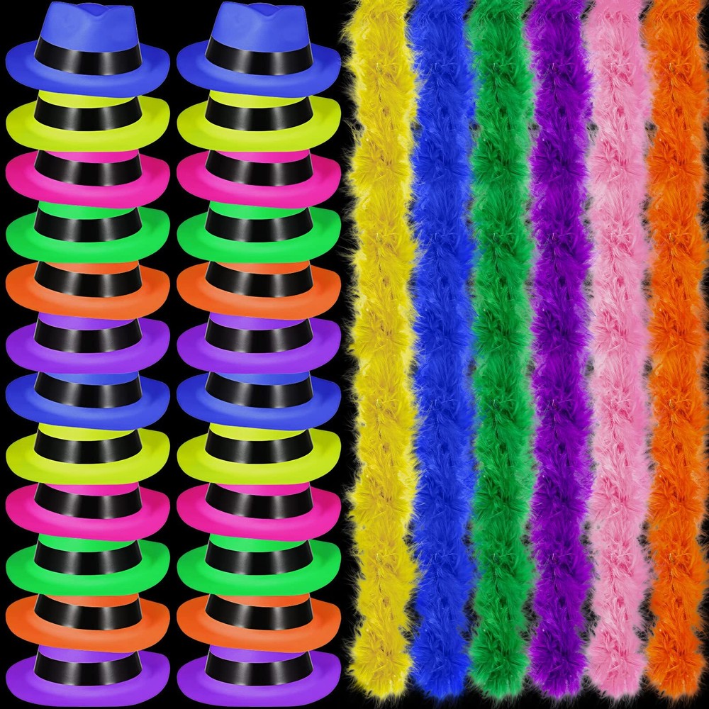48 Pieces Neon Party Supplies 24 Pcs Colorful Feather Boas 24 Neon Hat for Adult