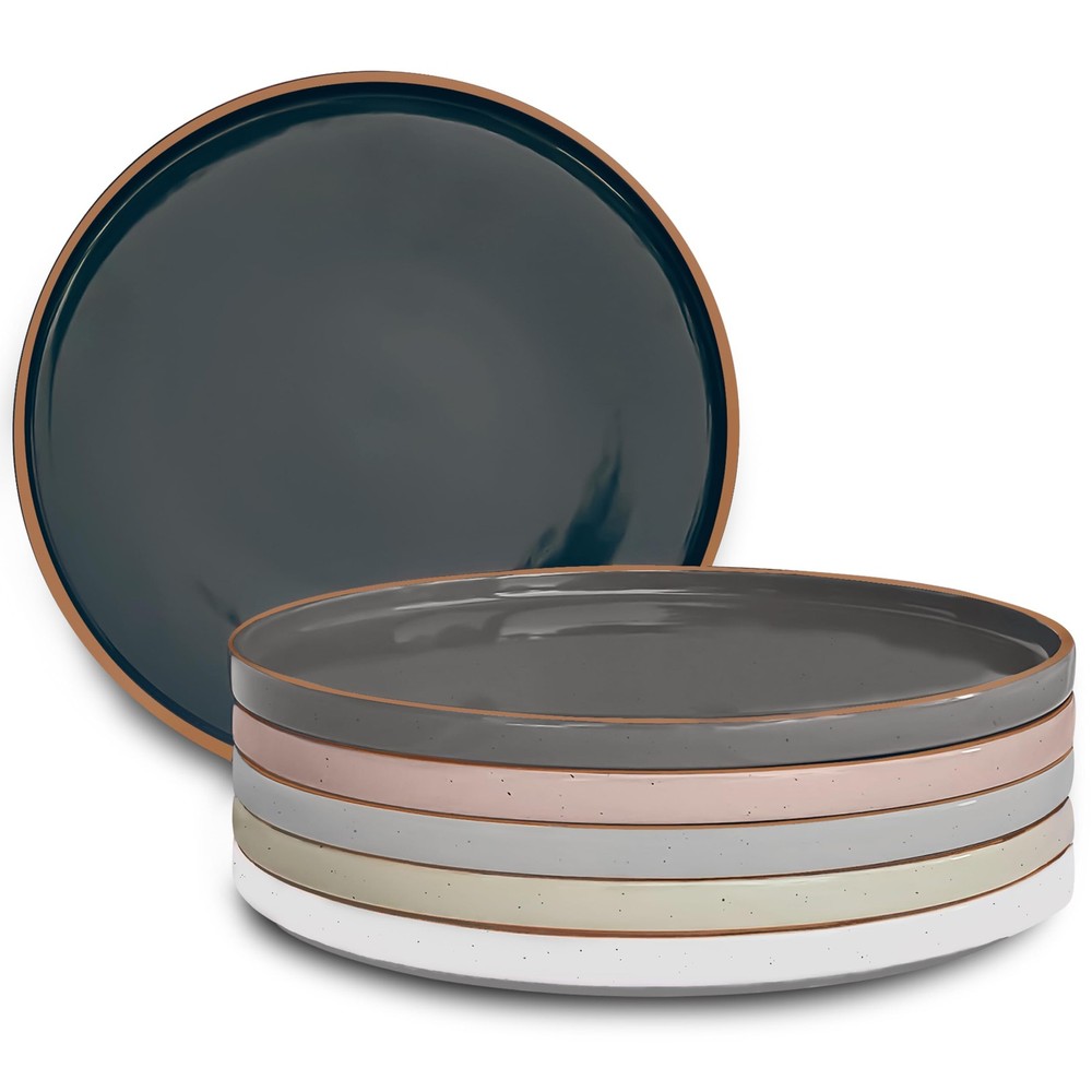 MORA Ceramic Flat Dinner Plates Set of 6, 10.5 in Large, Assorted Neutrals