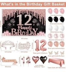 12th Birthday Decorations for Girls, 49pcs Black Rose Gold Black Banner, Table