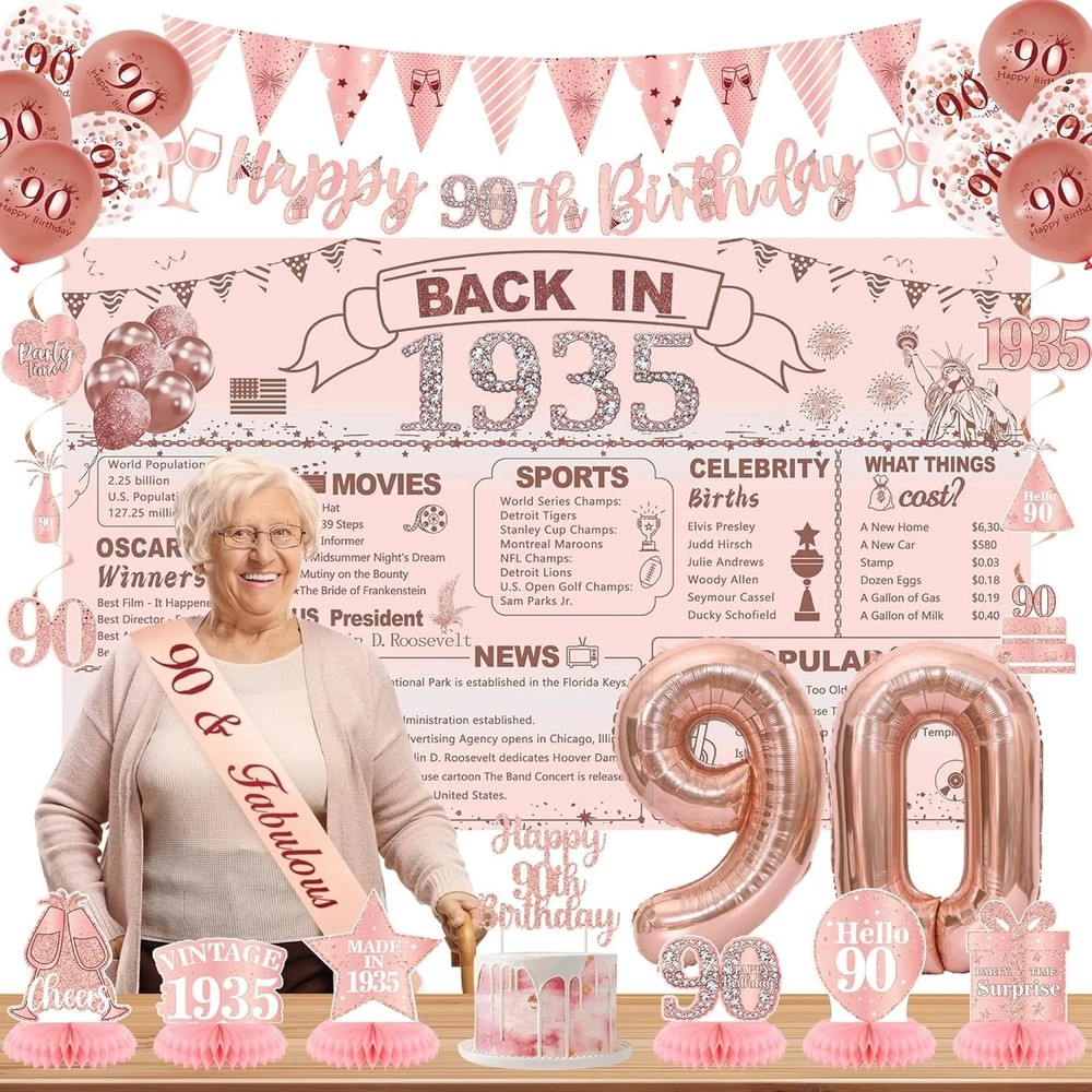 90th Birthday Party Decorations for Women, Rose Gold Gold, Pink