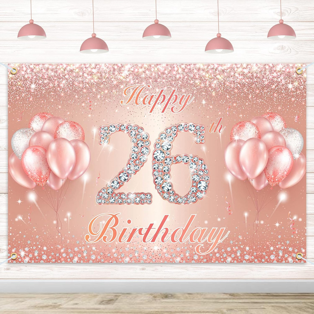 Happy 26th Birthday Banner Backdrop – 26 Birthday Party Decorations Supplies for