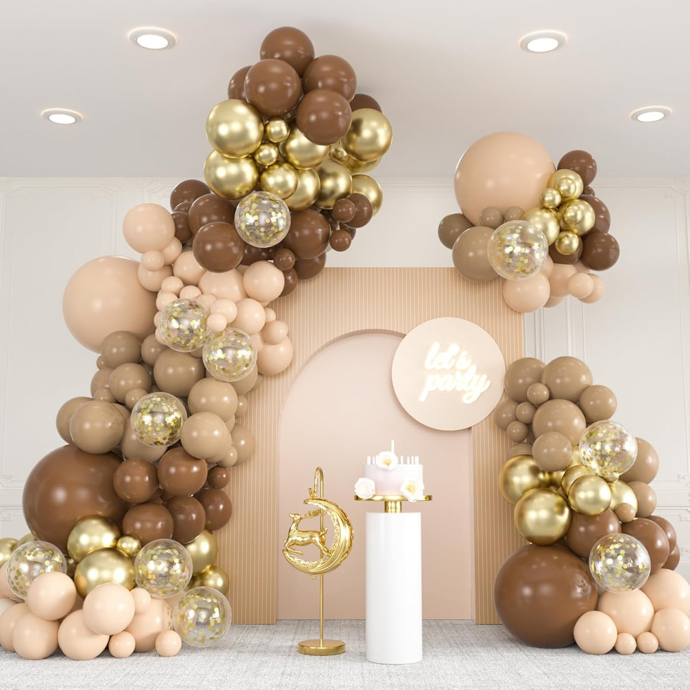 136Pcs Brown Balloon Arch Kit, 18 12 10 5 Inch Dark Brown Nude Gold Confetti Bal