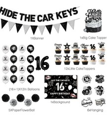 16th BIRTHDAY PARTY Decorations BLACK & SILVER, Hide The Car Keys 16 Years Old