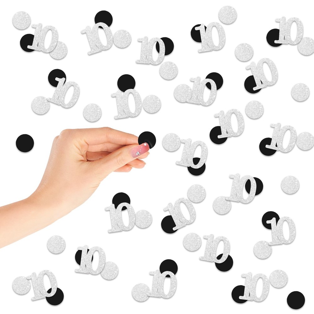 200 PCS Number 10 Confetti 10th Birthday Black Silver Dots Table Scatter
