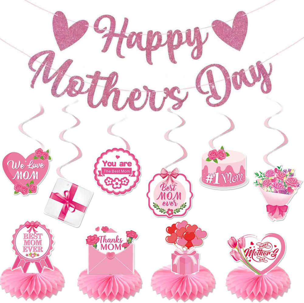 Happy Mothers Day Decorations Banner Pink Glitter, Mother’S Day Hanging Swirls a