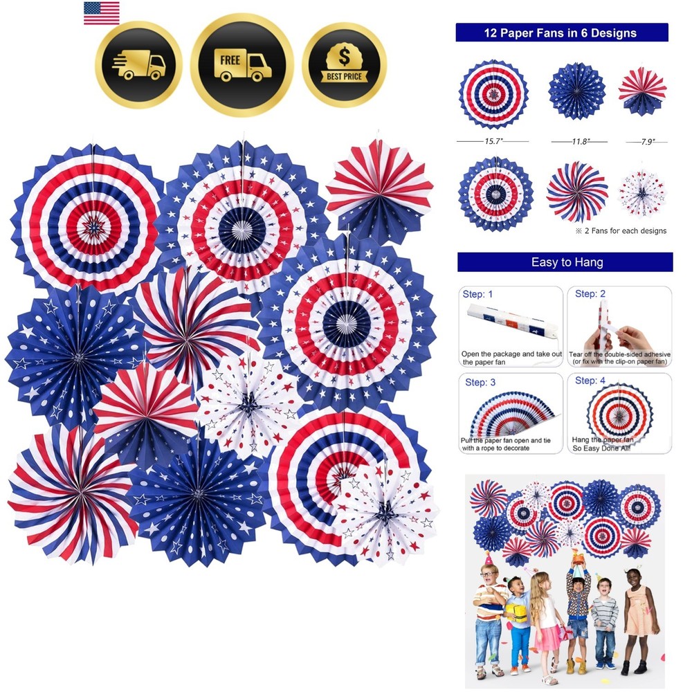 Patriotic Decorations Hanging Paper Fans 12Pcs Independence Day Memorial Day