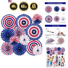 Patriotic Decorations Hanging Paper Fans 12Pcs Independence Day Memorial Day
