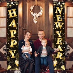 Happy New Year Door Banner – Xtra Large 72×12 Inch Black Gold – NYE Decorations