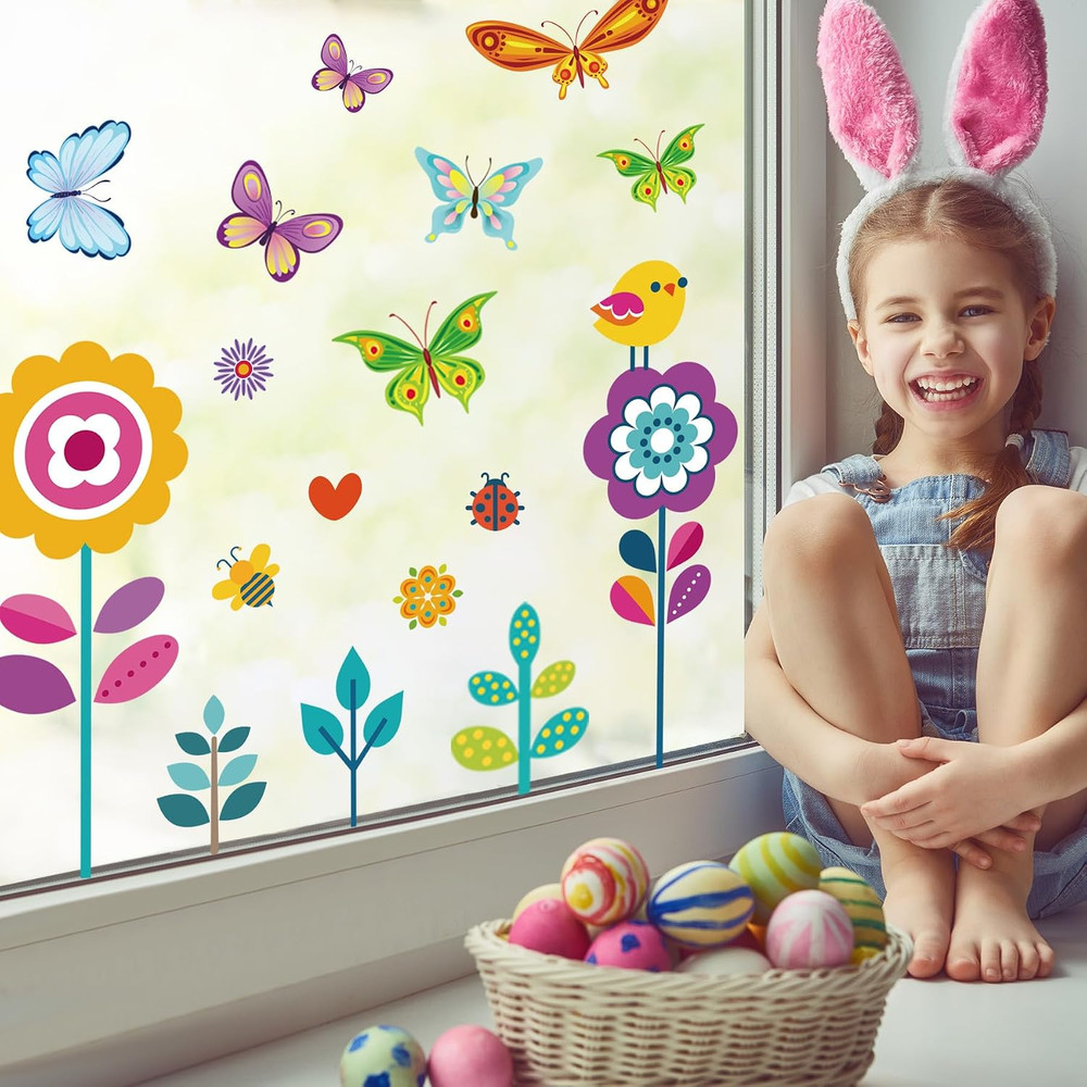 107PCS Spring, Summer & Fall/ Winter Window Clings – Spring Flowers, Butterfly &