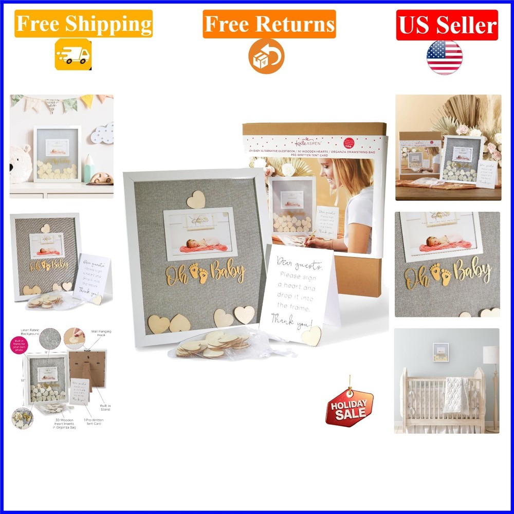 Baby Shower Guest Book Frame – 3D Shadowbox with Wooden Hearts, Gold, Unisex