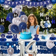 Dark Blue Silver 14th Decorations for Boys Girls, Happy 14th Decorations Boy …