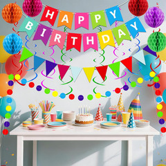 Happy Birthday Banner Party Decorations Set Confetti Garland Swirls Kit