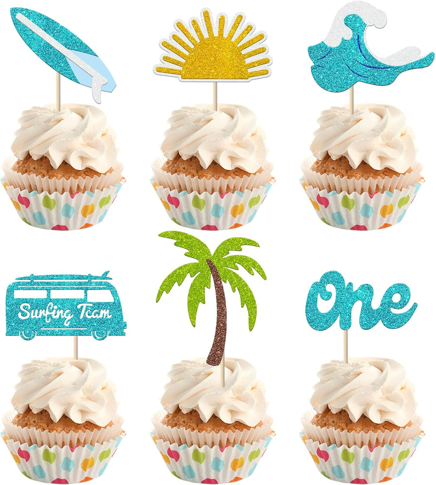 24 Pack Surfing Theme First Birthday Cupcake Toppers The Big One Party Decoratio