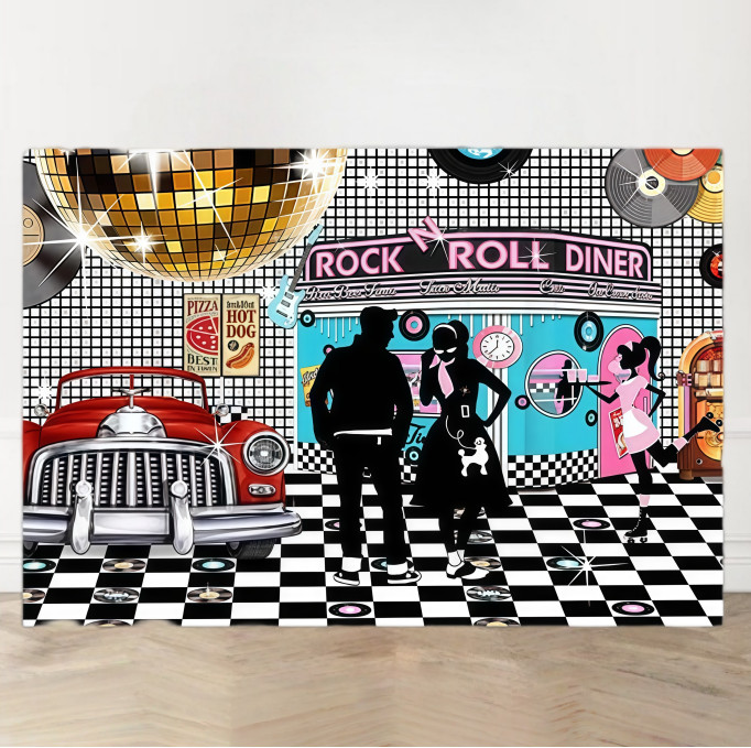Back To 50s Rock Roll Party Retro Diner Backdrop Background Birthday Photo Decor