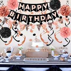 Complete Rose Gold & Black Birthday Party Set with Swirls and Honeycomb Balls