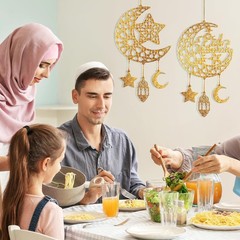 Versatile Wooden Eid Decor – 2-Piece Hanging Moon Stars for Home or Parties