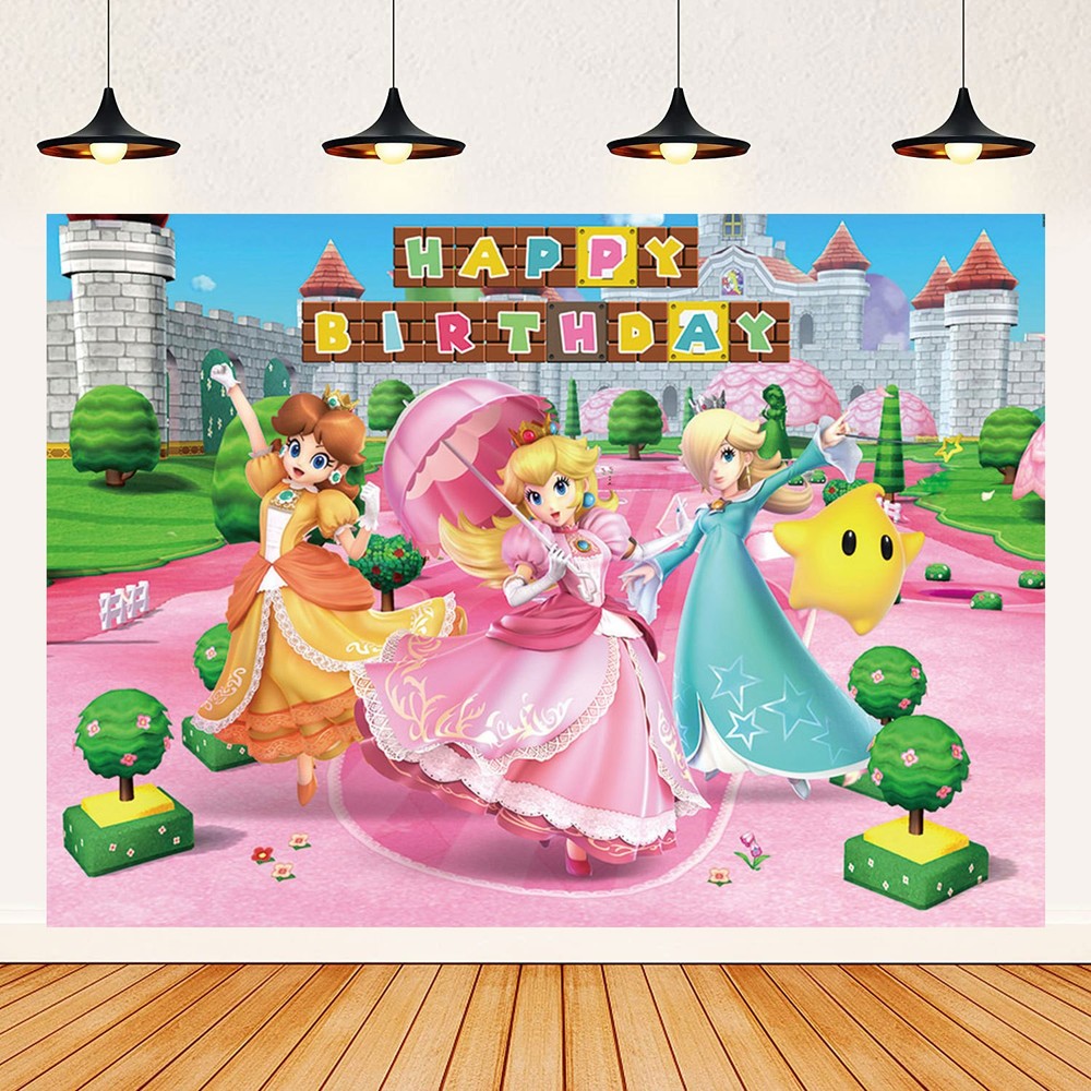 Super Mario Princess Peach Birthday Backdrop Photo Castle Background Banner