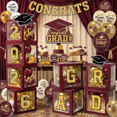 Graduation Decorations Class of 2026 Maroon and Gold Balloon Boxes for High Scho