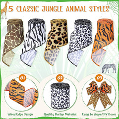 5 Rolls Jungle Animal Wired Ribbons 2.5 Inch Party Decorations Safari Animal Bur