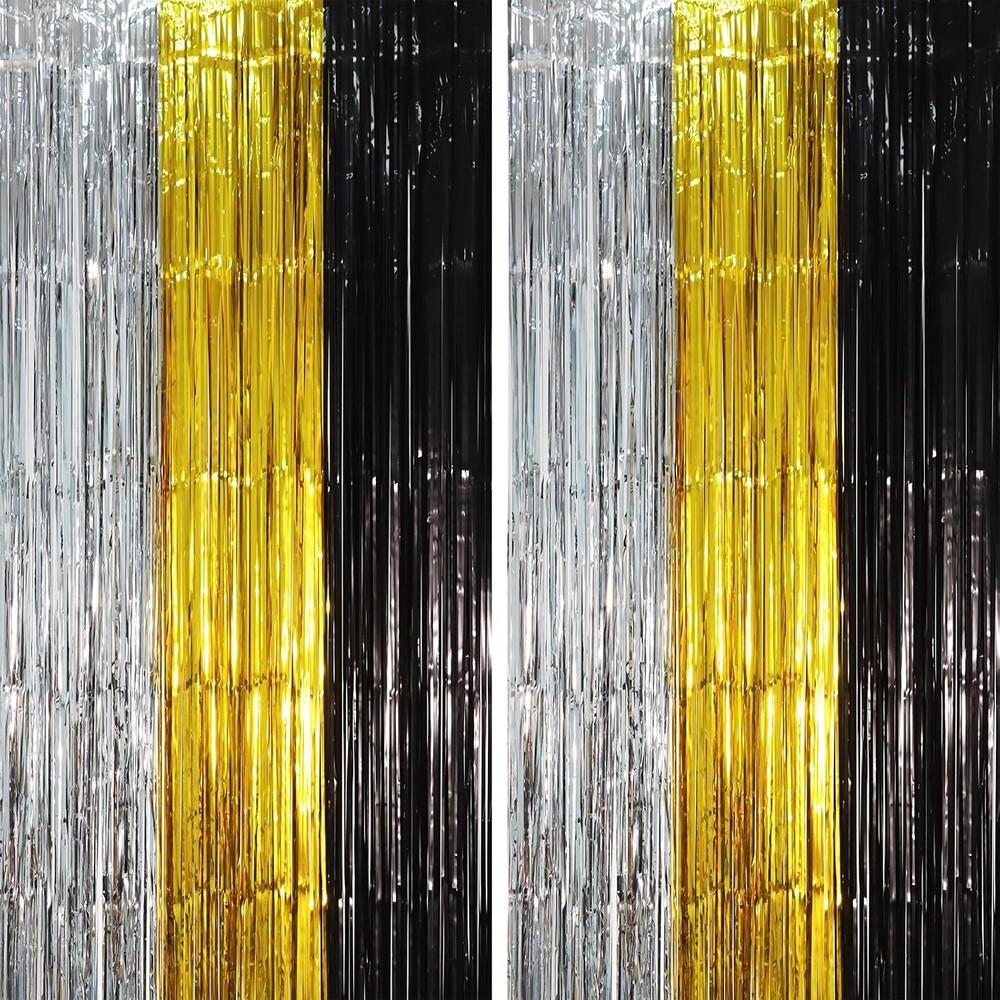 2 Pack Black Gold Silver Foil Fringe Backdrop Curtains Tinsel Streamers Party