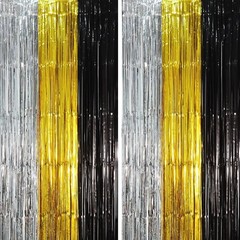 2 Pack Black Gold Silver Foil Fringe Backdrop Curtains Tinsel Streamers Party